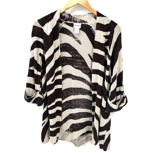 Chico's Sweater Womens Large L Open Cardigan Brown Tan Linen Blend Zebra Knit - Picture 1 of 7